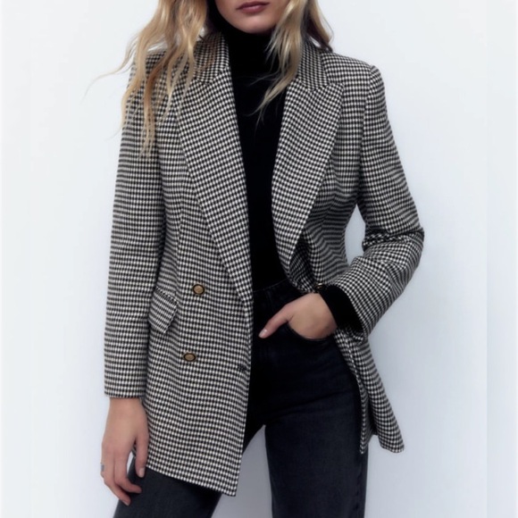 NWT ZARA • double breasted houndstooth blazer black white blogger favorite sz S - Picture 3 of 10